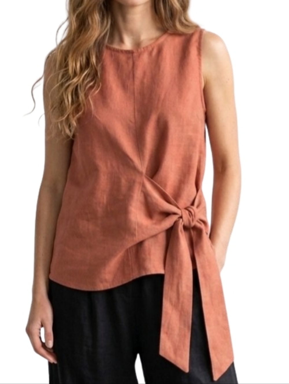 HARVE BENARD Linen Tie Front Sleeveless Blouse
